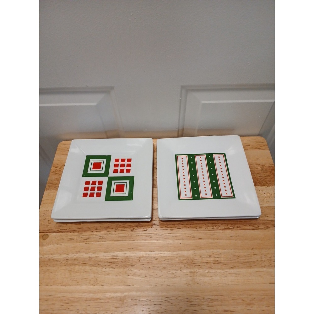 Crate & Barrel Square Appetizer Dessert Plates Christmas  7¼" Set of 4 Red Green